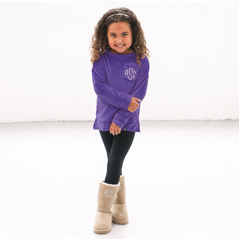 [aubri] monogrammed kids softspun sweatshirt in purple on girl
