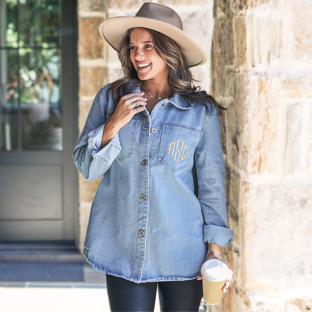 up close of personalized denim shacket