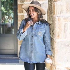 up close of personalized denim shacket