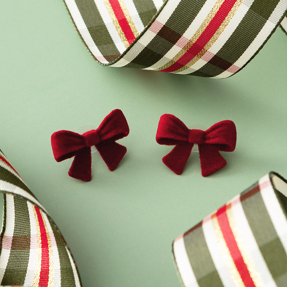 Velvet Bow Stud Earrings on green with ribbon