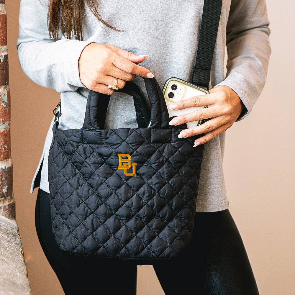 Close up of Diamond Quilted Crossbody with phone
