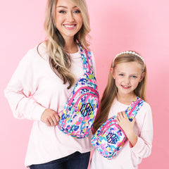 water color cheetah mom and me sling backpacks