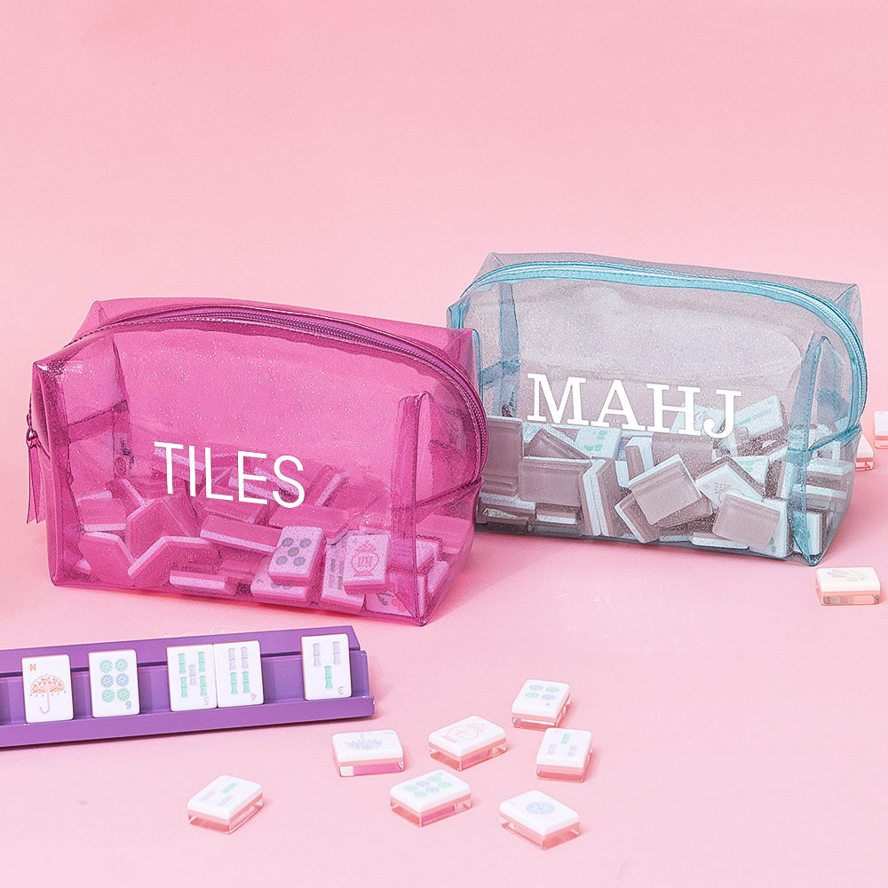 personalized hot pink and blue clear mahjong tile bags
