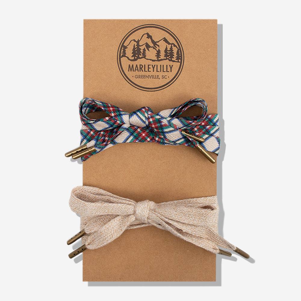 flat shoelace pack in camel plaid and khaki