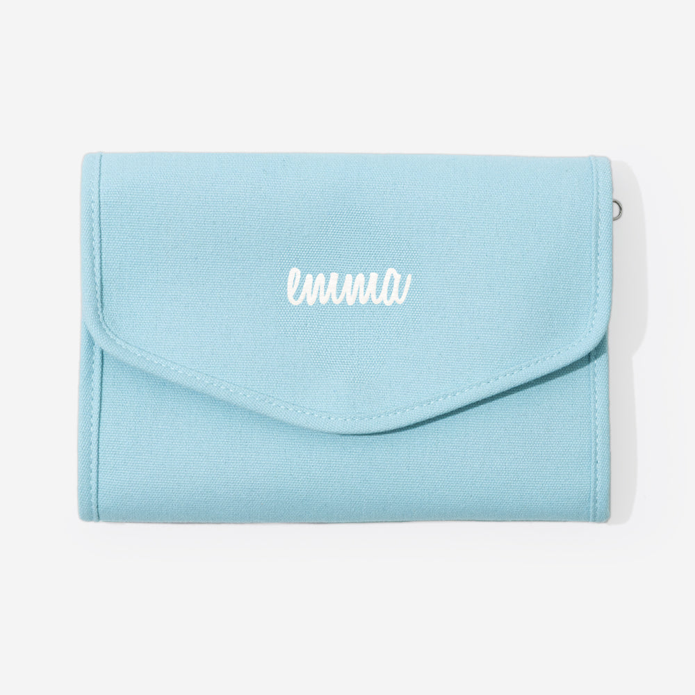 monogrammed travel jewelry organizer in light blue handwriting