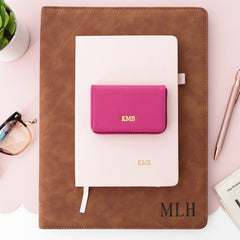pink business card holder with notebook