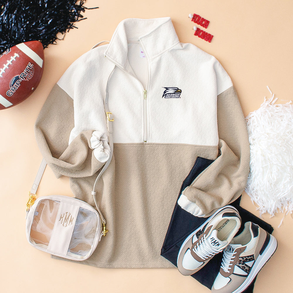 georgia southern tan quilted pullover tunic with gameday football accessories