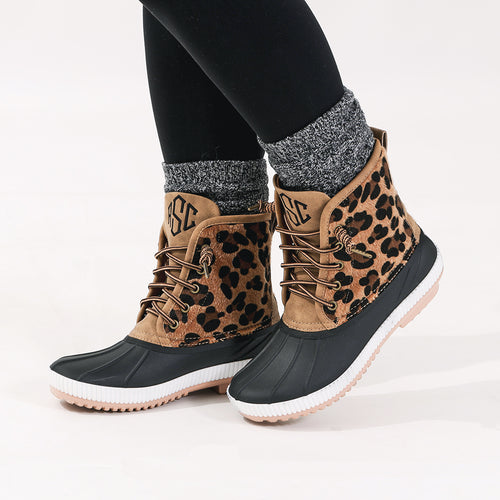 side of monogrammed leopard duck boots
