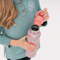 coral floral monogrammed kids steel water bottle open