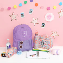 monogrammed lilac backpack with coral floral water bottle and lunch box