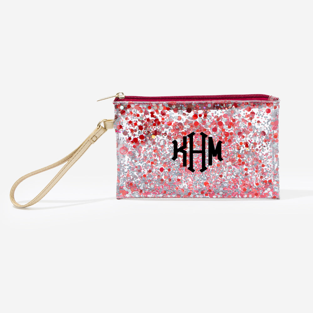 monogrammed glitter wristlet pouch in crimson with black octagonal monogram