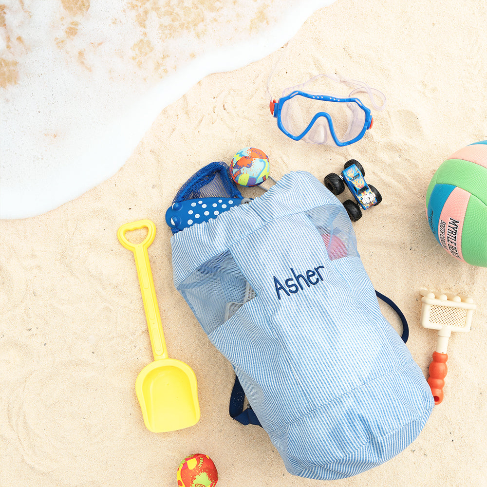 navy seersucker kids beach backpack bag flatlay