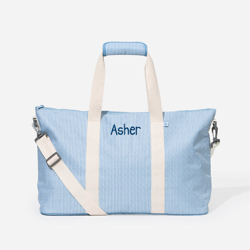 monogrammed kids weekend bag in navy seersucker