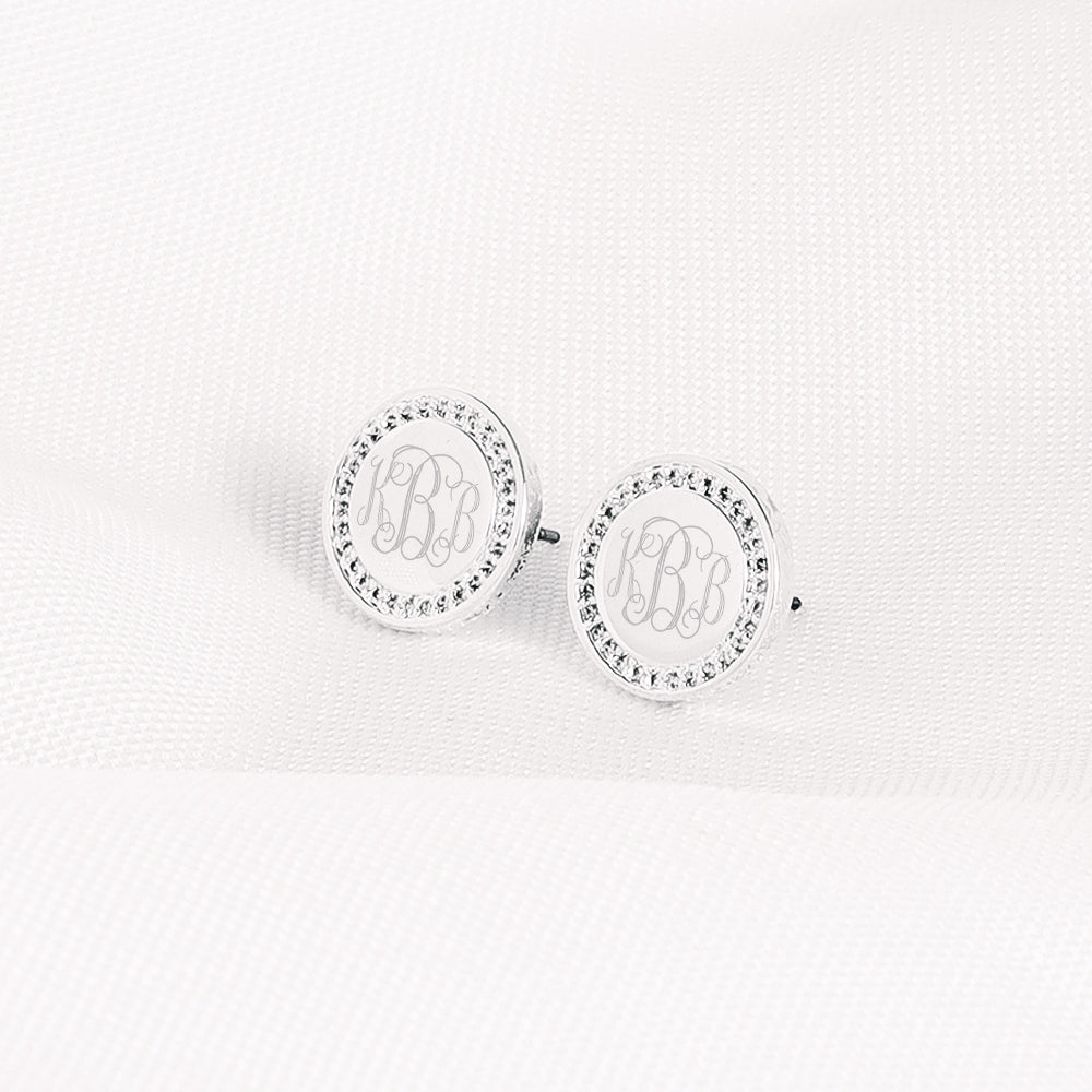 silver personalized disc earrings on cloth