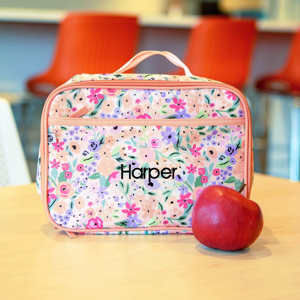 kids coral floral lunch box with apple