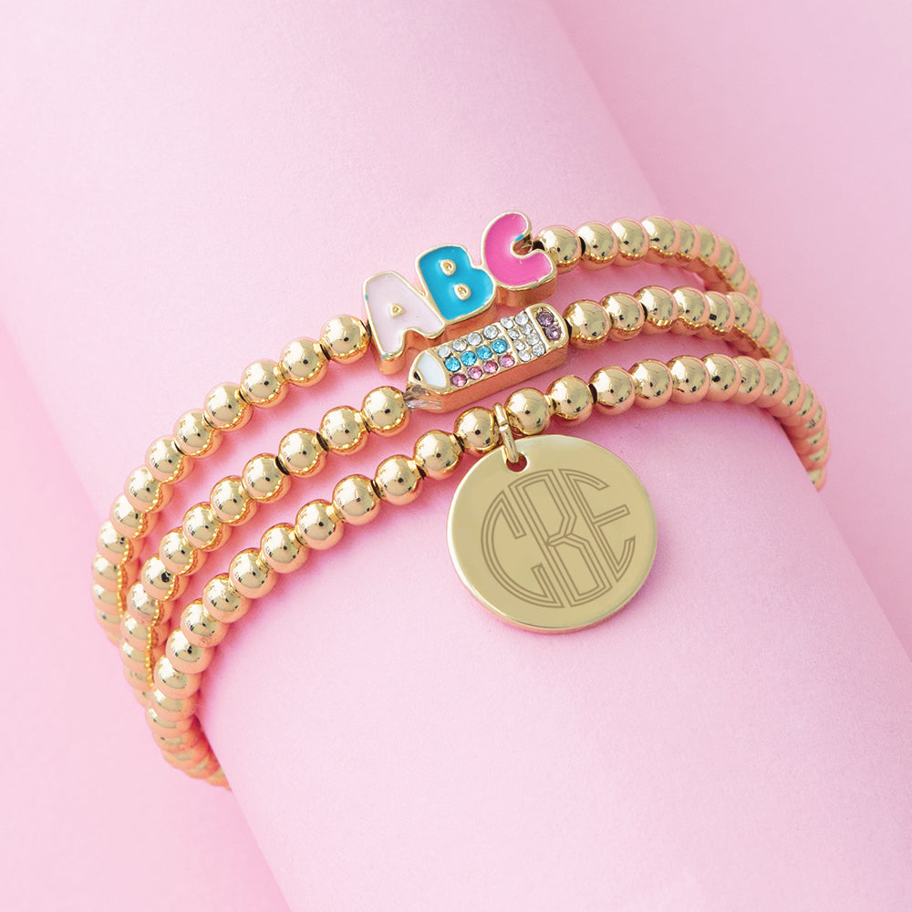 Gold monogrammed beaded teacher bracelets stack on pink new