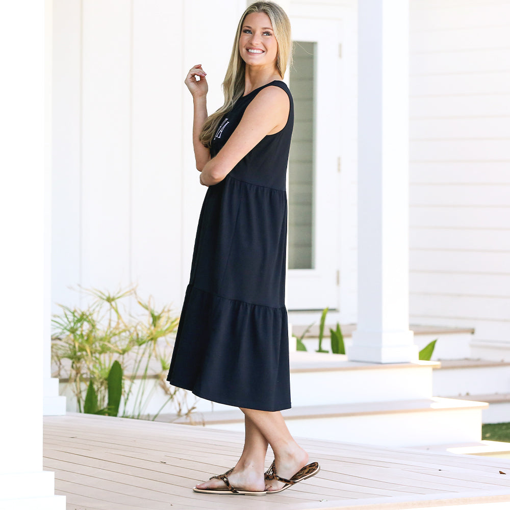 side of personalized black ruffle midi dress
