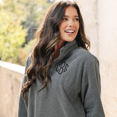 close up of personalized charcoal bayview fleece