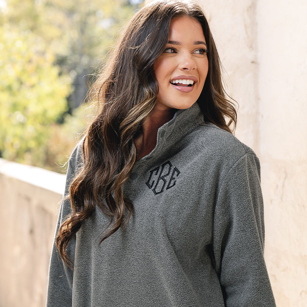 close up of personalized charcoal bayview fleece