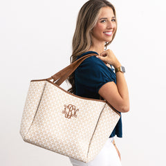 khaki shells timeless tote bag on shoulder