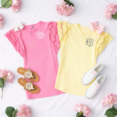 monogrammed girls flutter sleeve dress in light pink and soft yellow