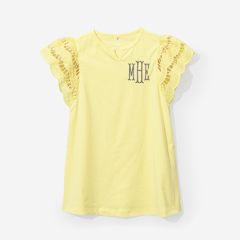 monogrammed girls flutter sleeve dress in soft yellow