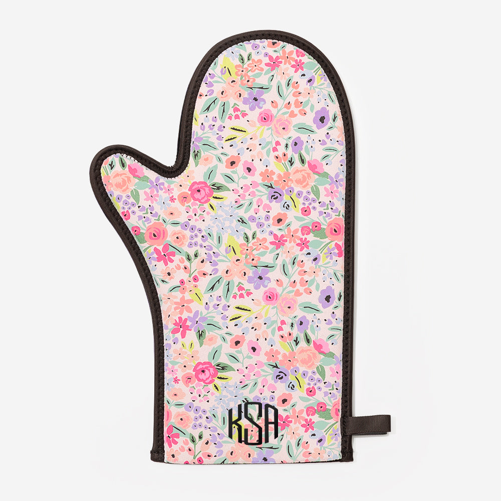 monogrammed neoprene oven mitt in coral floral