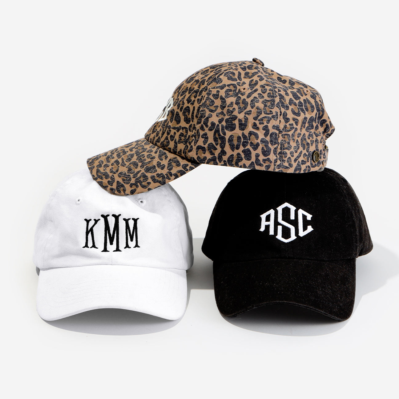 Monogrammed Baseball Hats in Leopard, White, and Black