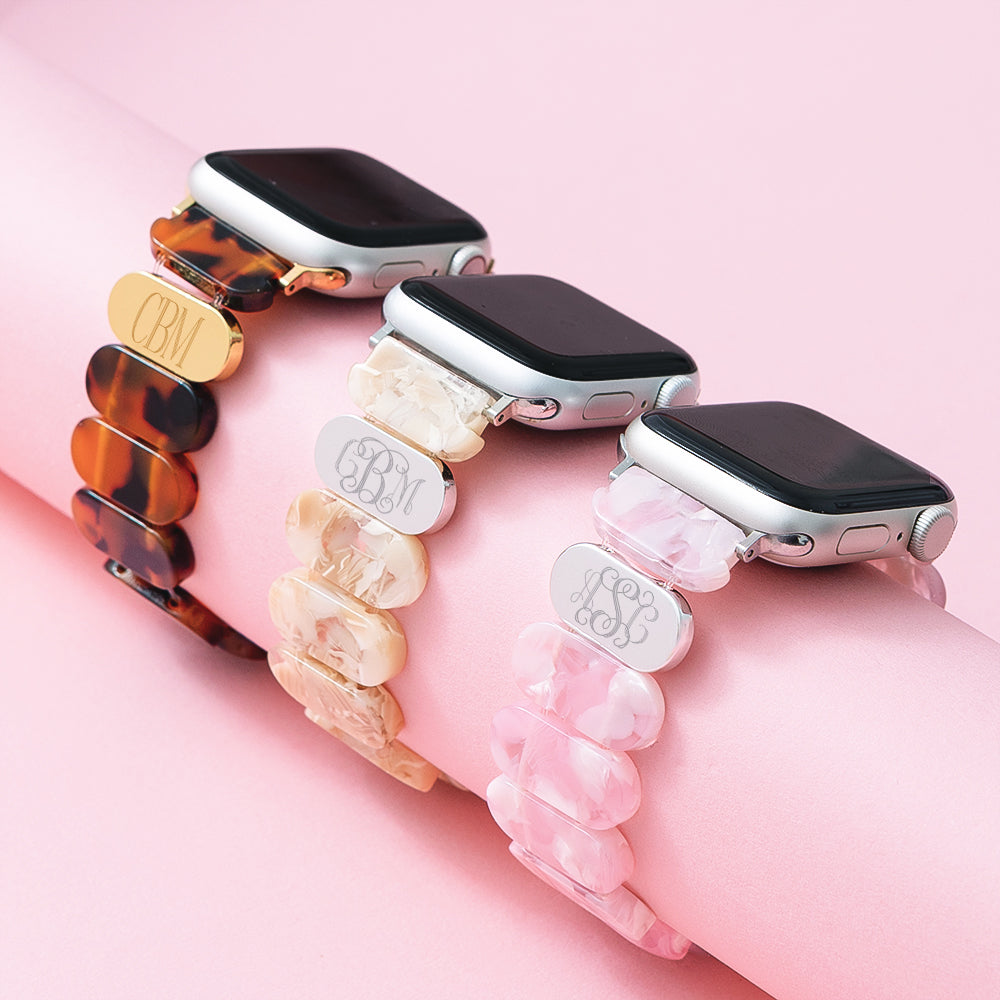 pink ivory and tortoise scallop monogrammed watch bands