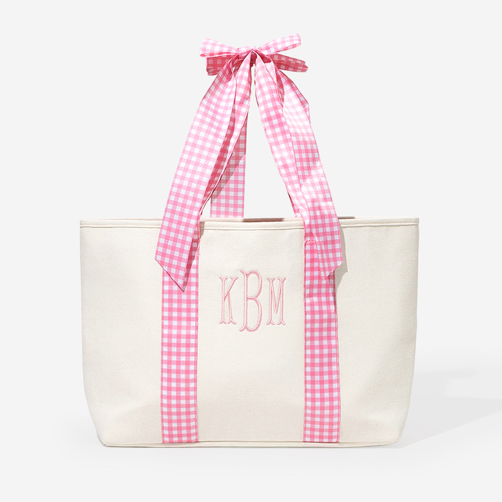 Monogrammed Gingham Tote Bag in Pink