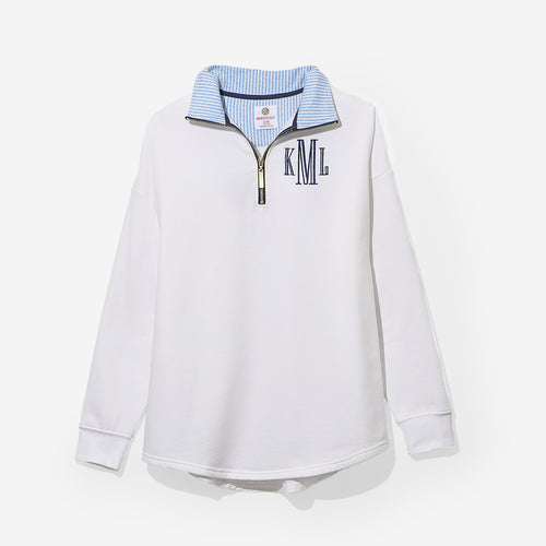 Monogrammed Quarter Zip Sweatshirt in Navy Seersucker