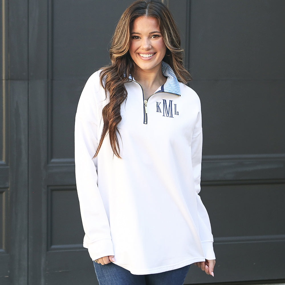 [peyton] white and seersucker quarter zip sweatshirt with jeans