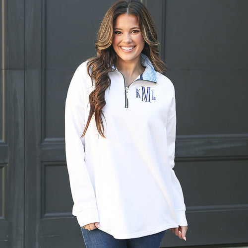 [peyton] white and seersucker quarter zip sweatshirt with jeans