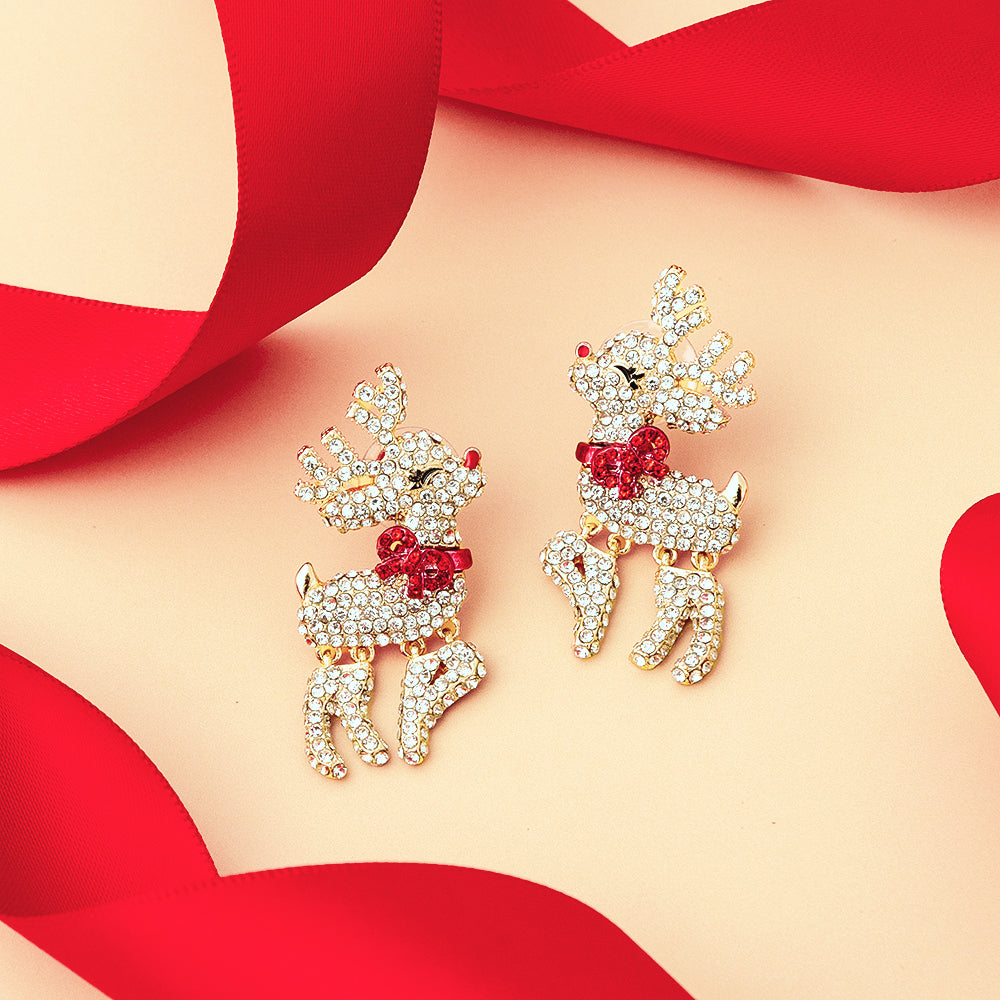 gold reindeer earrings with ribbon