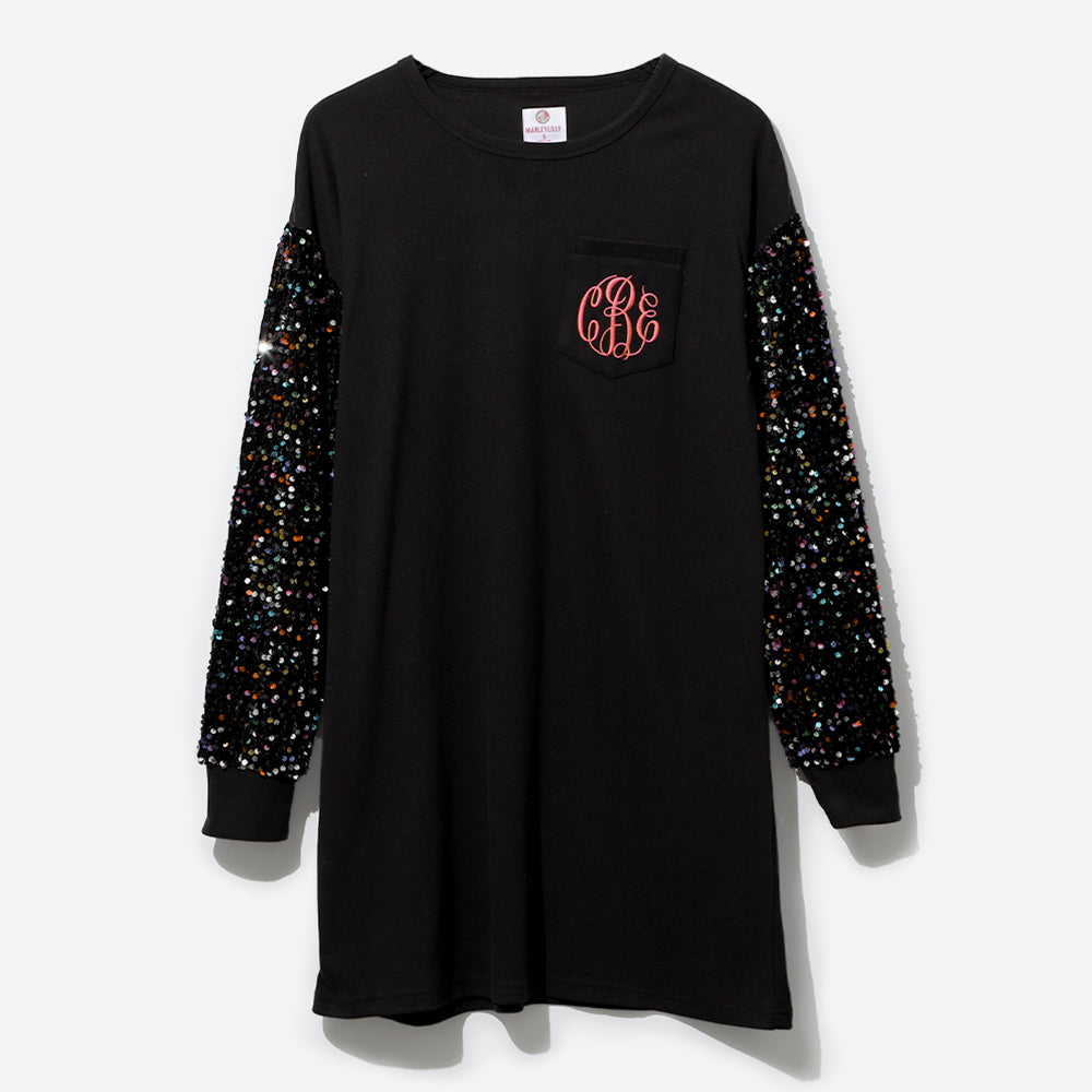 Monogrammed Sequin Dress in Black