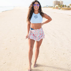 navy seersucker high neck bikini top with coral floral sarong single