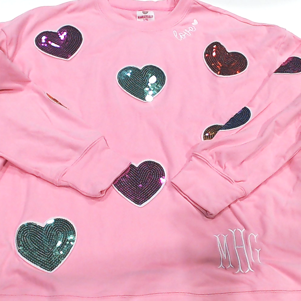 BLOOPER CLOTHING: Monogrammed Sequin Hearts Sweatshirt