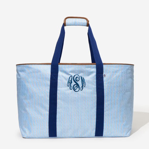 monogrammed extra large tote bag in navy seersucker