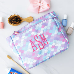 pastel mermaid kids toiletry bag flatlay