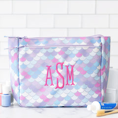 pastel mermaid kids toiletry bag in bathroom