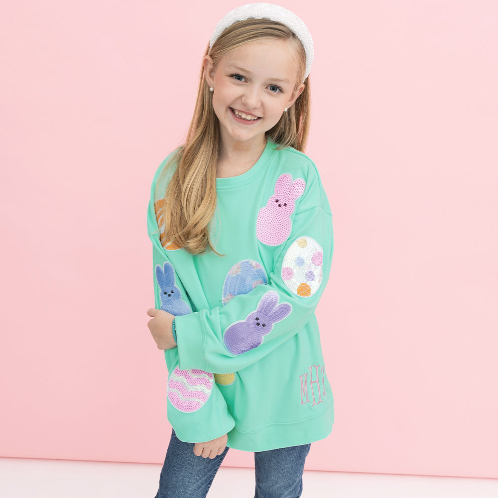 [addie] girl wearing personalized kids easter sweatshirt