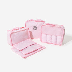 monogrammed kids packing bag set in pink seersucker