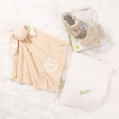 bunny lovie, baby blanket, and baby booties