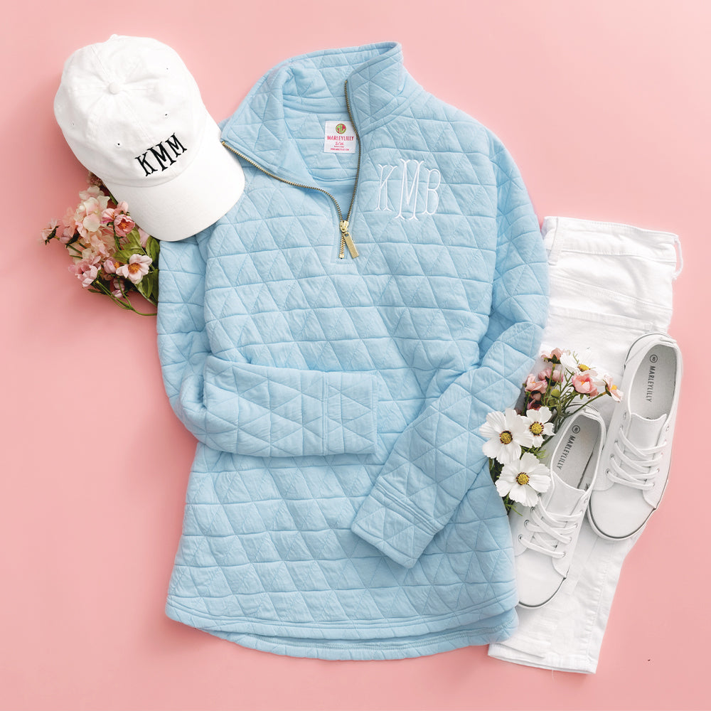 monogrammed quilted quarter zip pullover in ice blue outfit