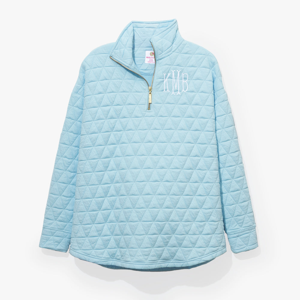 monogrammed quilted quarter zip pullover in ice blue