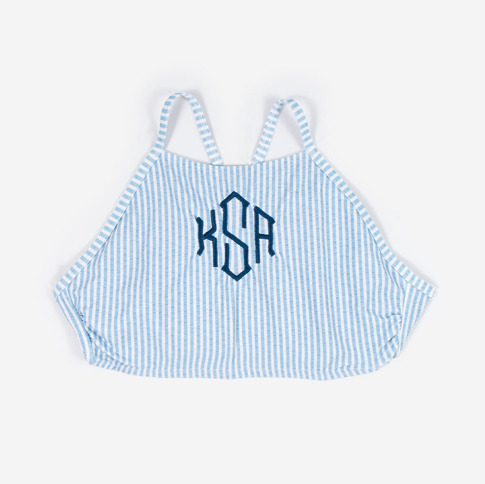 monogrammed high neck bikini top in seersucker