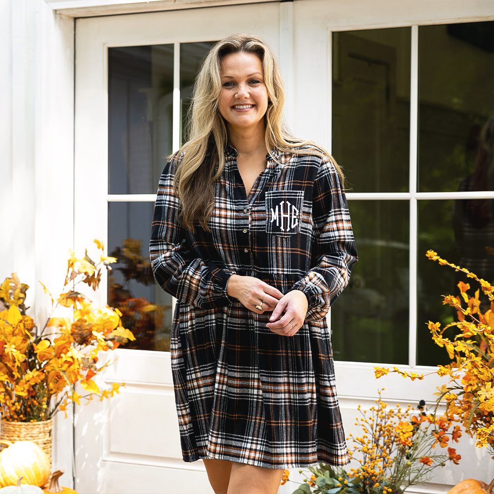 autumn twilight plaid monogrammed dress on ashley fall porch