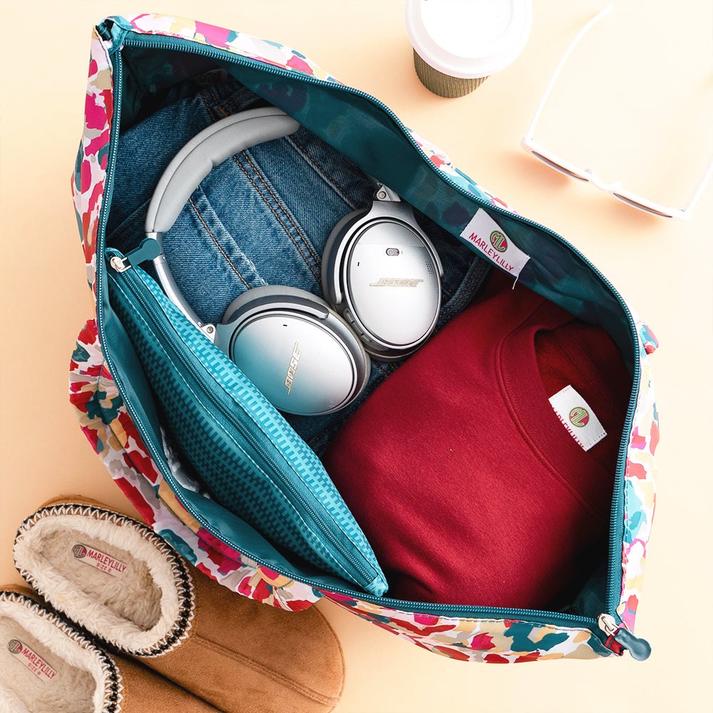 autumn watercolor cheetah packable weekend duffel bag inside shot