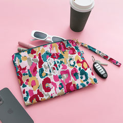 autumn watercolor cheetah wristlet pouch flatlay