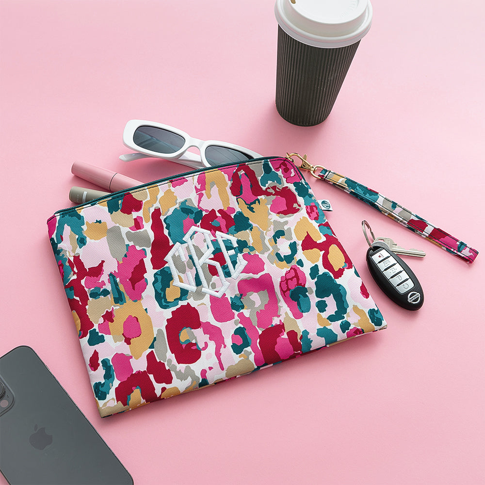 autumn watercolor cheetah wristlet pouch flatlay